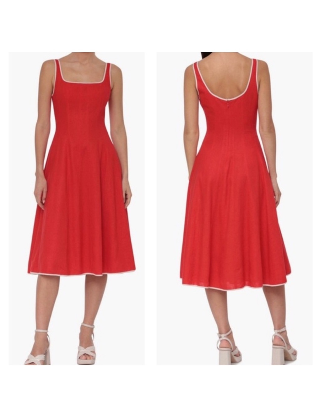 7 For All Mankind Red Square-Neck Midi Dress with Contrast Trim